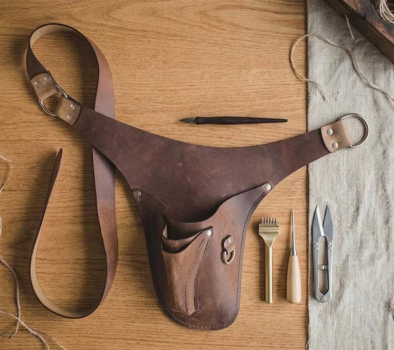 Handmade Genuine Leather Tool Belt Pouch – Adjustable Waist Holster Apron for Artisans, Stylists & Crafters