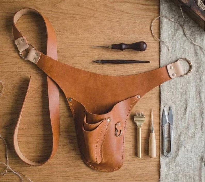 Handmade Genuine Leather Tool Belt Pouch – Adjustable Waist Holster Apron for Artisans, Stylists & Crafters