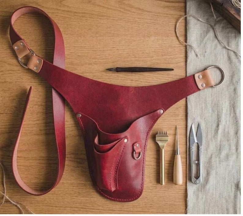 Handmade Genuine Leather Tool Belt Pouch – Adjustable Waist Holster Apron for Artisans, Stylists & Crafters