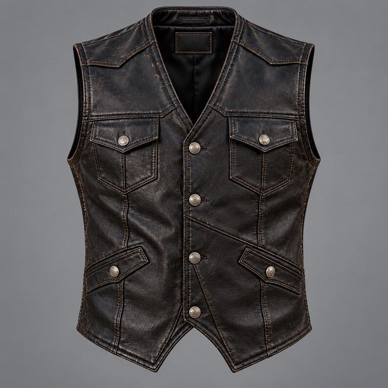 Men's Vintage Distressed Genuine Leather Motorcycle Vest with Multi-Pockets  Classic Western Cowboy Distressed Leather Vest for Men  Retro Biker Sleeveless Leather Waistcoat with Flap Pockets