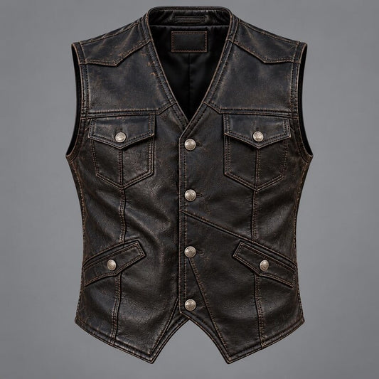 Men's Vintage Distressed Genuine Leather Motorcycle Vest with Multi-Pockets  Classic Western Cowboy Distressed Leather Vest for Men  Retro Biker Sleeveless Leather Waistcoat with Flap Pockets