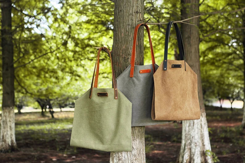 Heavy-Duty Waxed Canvas Firewood Log Carrier Tote Bag with Genuine Leather Handles