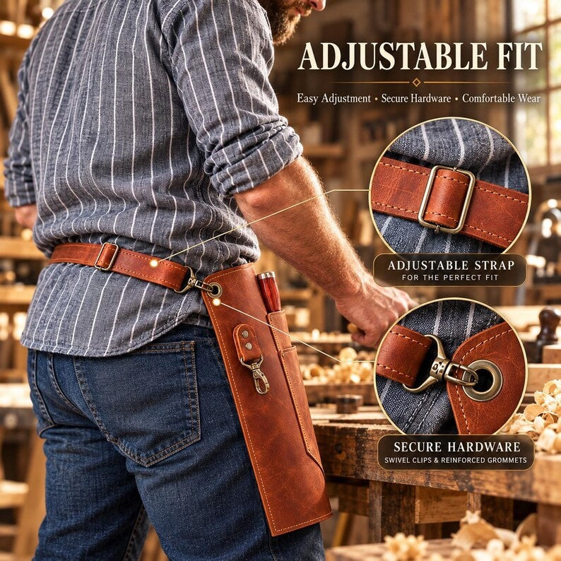 Handcrafted Full-Grain Leather Work Half-Apron with Adjustable Belt & Utility Pockets