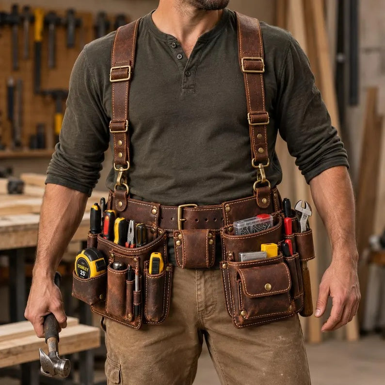Heavy-Duty Genuine Leather Work Tool Belt Rig with Adjustable Suspenders