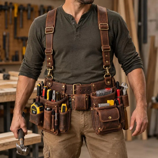 Heavy-Duty Genuine Leather Work Tool Belt Rig with Adjustable Suspenders