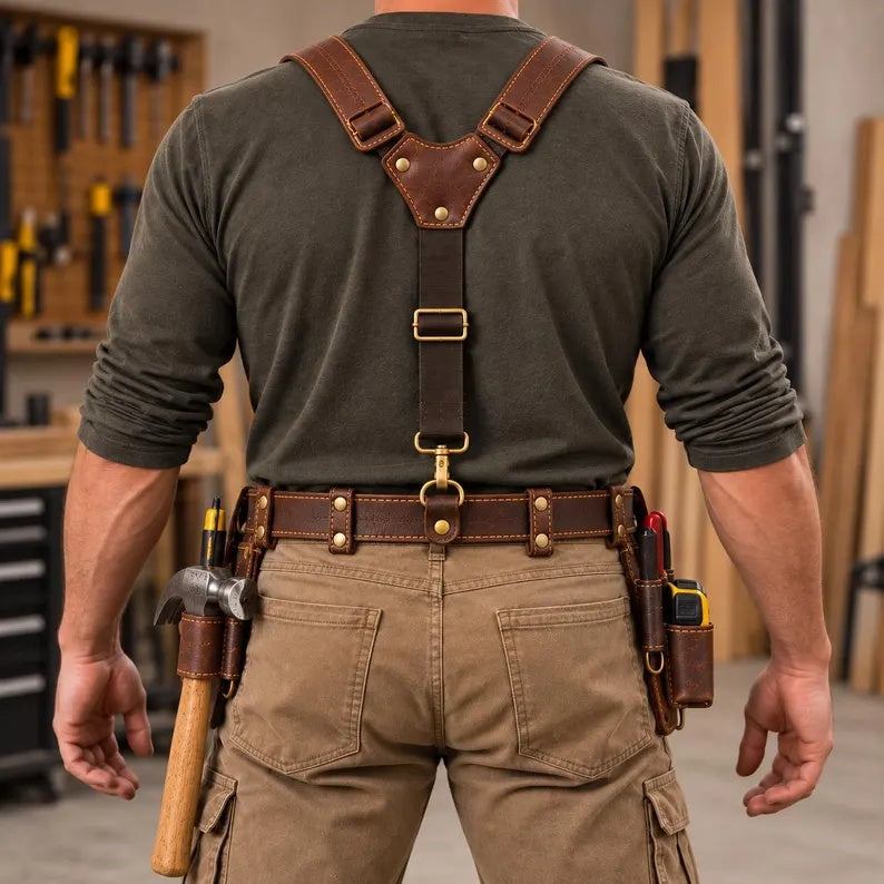 Heavy-Duty Genuine Leather Work Tool Belt Rig with Adjustable Suspenders