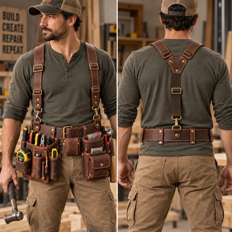 Heavy-Duty Genuine Leather Work Tool Belt Rig with Adjustable Suspenders