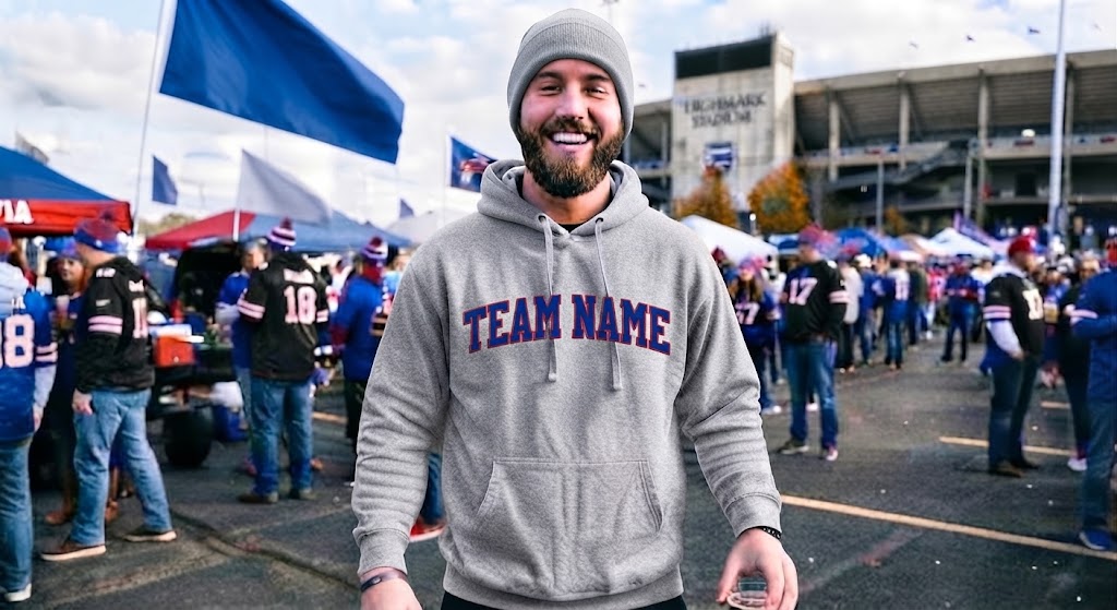 Bills Mafia Tailgate Spirit: Front & Back Views of a Fan in Gray Hoodie