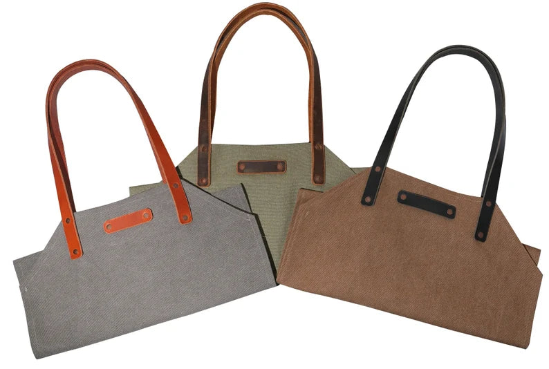 Heavy-Duty Waxed Canvas Firewood Log Carrier Tote Bag with Genuine Leather Handles