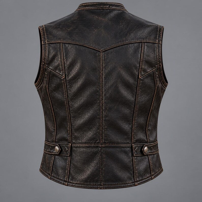 Men's Vintage Distressed Genuine Leather Motorcycle Vest with Multi-Pockets  Classic Western Cowboy Distressed Leather Vest for Men  Retro Biker Sleeveless Leather Waistcoat with Flap Pockets