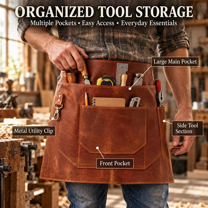 Handcrafted Full-Grain Leather Work Half-Apron with Adjustable Belt & Utility Pockets