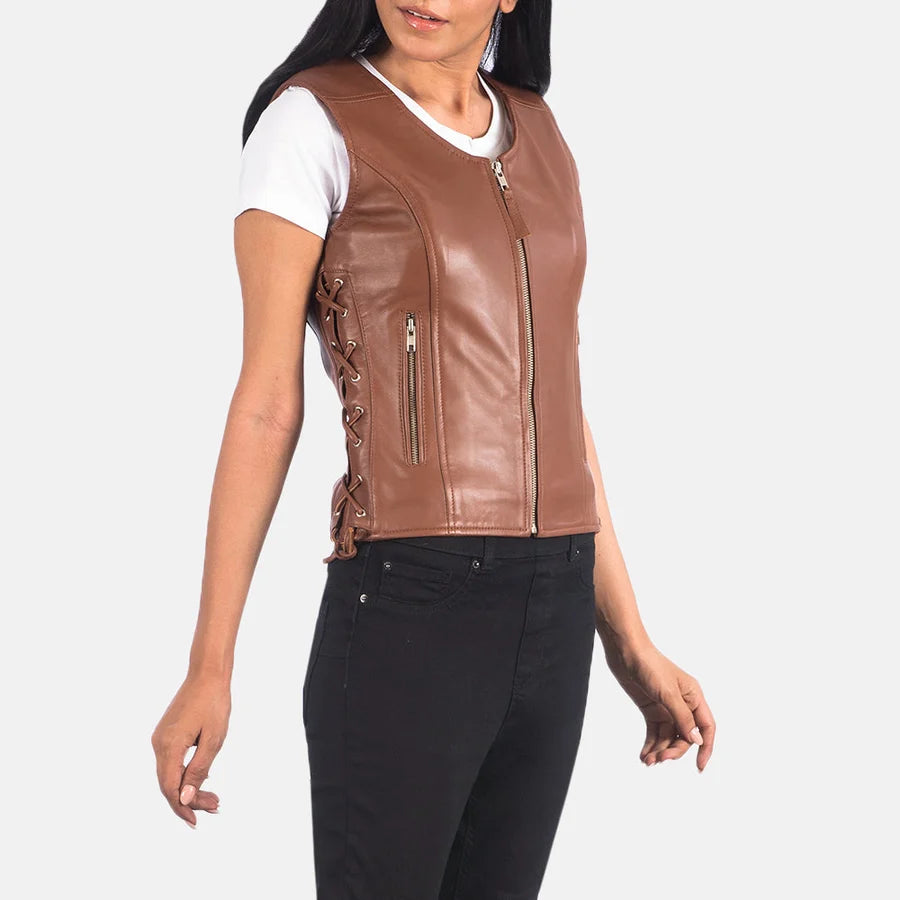 Women's Brown Leather Biker Vest with Side Lacing and Zipper Pockets