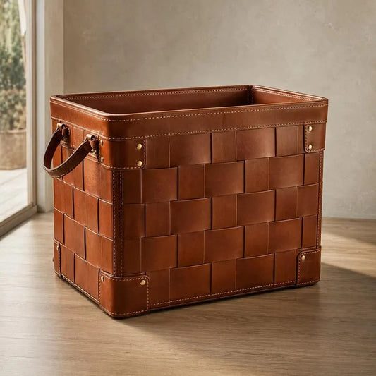 Handwoven Woven Leather Storage Basket – Luxury Cognac Brown Leather Bin with Handles & Metal Stud Detail