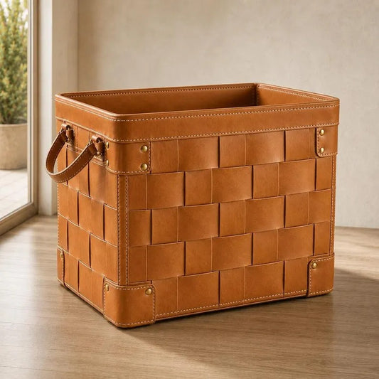 Handwoven Cognac Faux Leather Storage Basket with Handles – Decorative Rectangular Storage Bin & Home Organizer