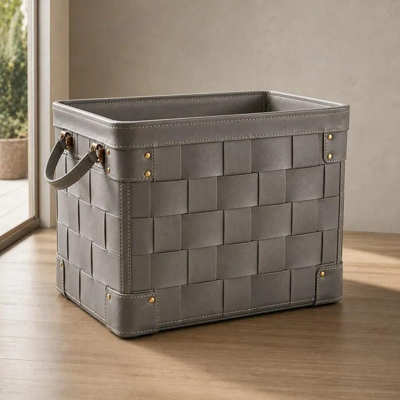 Luxury Woven Leather Storage Bin with Brass Rivet Accents & Side Handles - Premium Grey Storage Basket for Home Organization