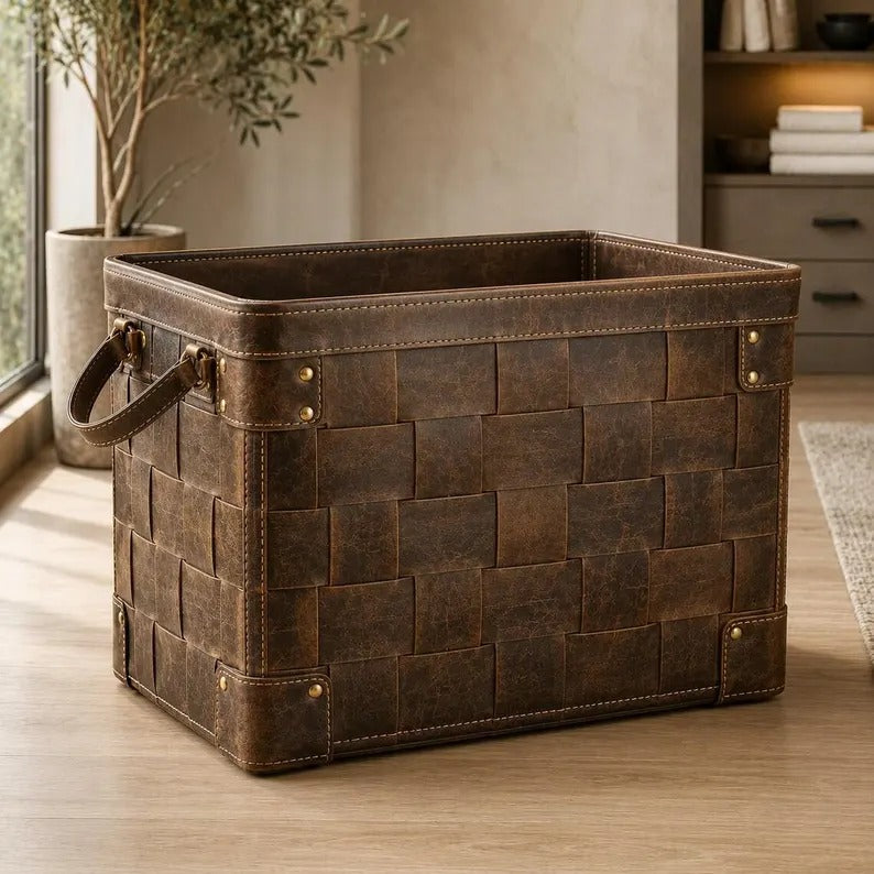 Handwoven Distressed Genuine Leather Storage Basket Bin with Rivet Accents & Side Handles