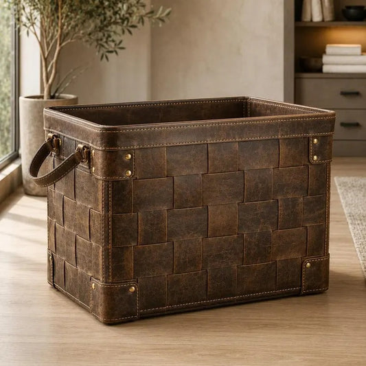 Handwoven Distressed Genuine Leather Storage Basket Bin with Rivet Accents & Side Handles