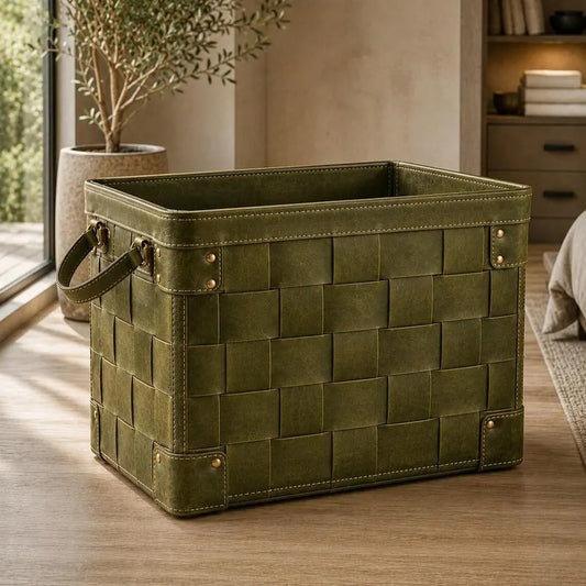 Handcrafted Woven Faux Leather Storage Basket with Side Handles & Brass Stud Accents – Olive Green Accent Organizer Bin