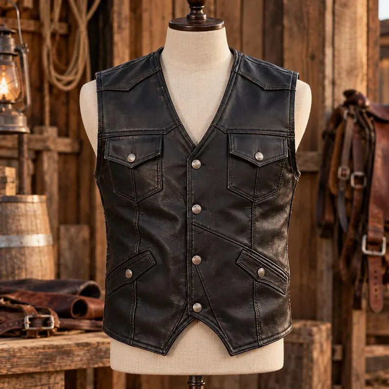Men's Vintage Distressed Genuine Leather Motorcycle Vest with Multi-Pockets  Classic Western Cowboy Distressed Leather Vest for Men  Retro Biker Sleeveless Leather Waistcoat with Flap Pockets
