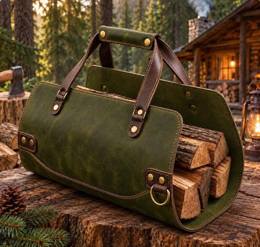 Premium Leather Firewood Carrier Bag – Heavy-Duty Log Tote Basket with Sturdy Handles & Metal Accents for Indoor Fireplace, Hearth, and Camping