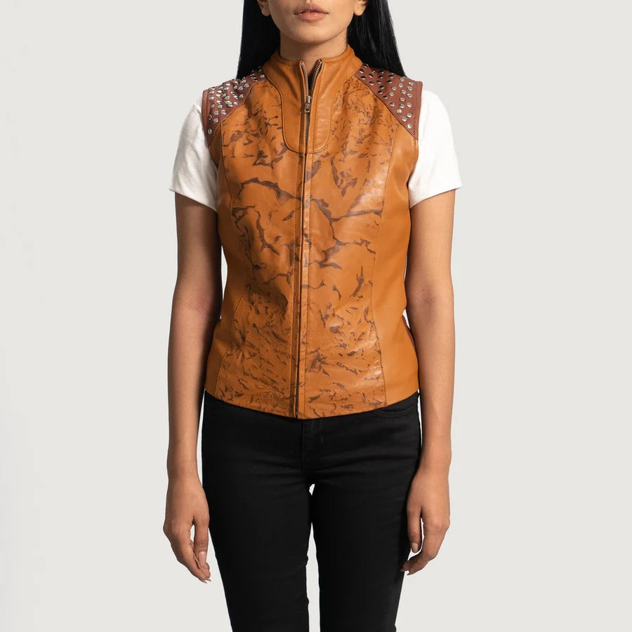 Women's Brown Printed Leather Vest with Studded Shoulders