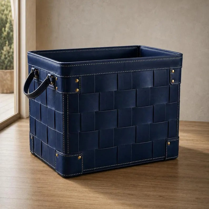 Woven Navy Leather Storage Basket
