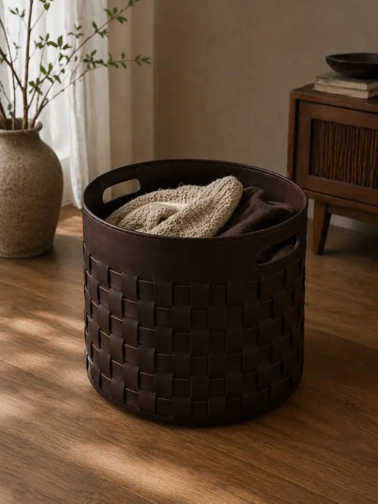 Round Woven Faux Leather Storage Basket with Built-In Handles – Dark Brown Laundry & Blanket BinModern Woven Leatherette Storage Bin – Dark Espr Decorative Woven Leather Laundry Hamper & Storage Organizer