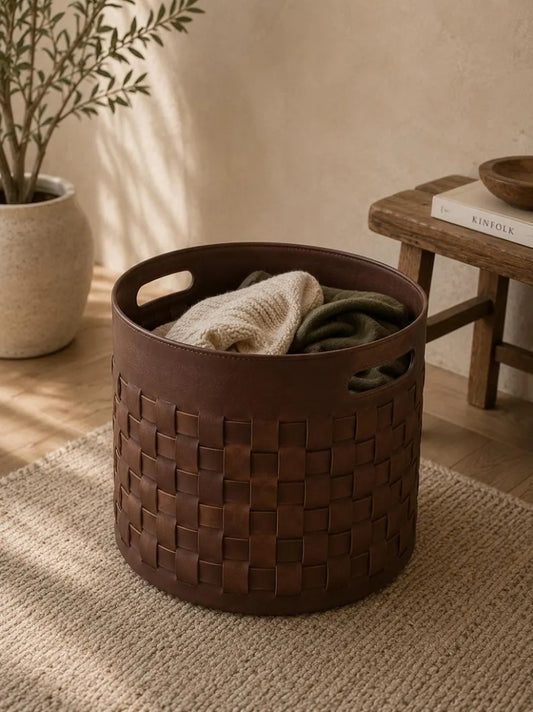 Woven Brown Leather Storage Basket with Handles – Modern Round Laundry & Blanket Bin   Premium Handwoven Faux Leather Storage Bucket | Rustic Home Decor Organizer   Minimalist Brown Woven Storage Bin – Round Decorative Basket for Blankets & Pillows