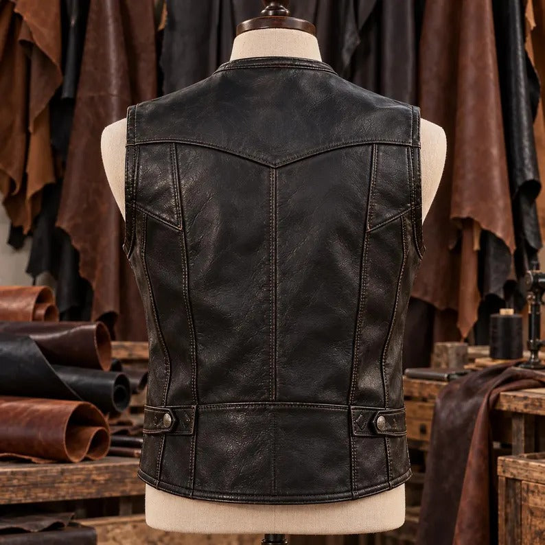 Men's Vintage Distressed Genuine Leather Motorcycle Vest with Multi-Pockets  Classic Western Cowboy Distressed Leather Vest for Men  Retro Biker Sleeveless Leather Waistcoat with Flap Pockets
