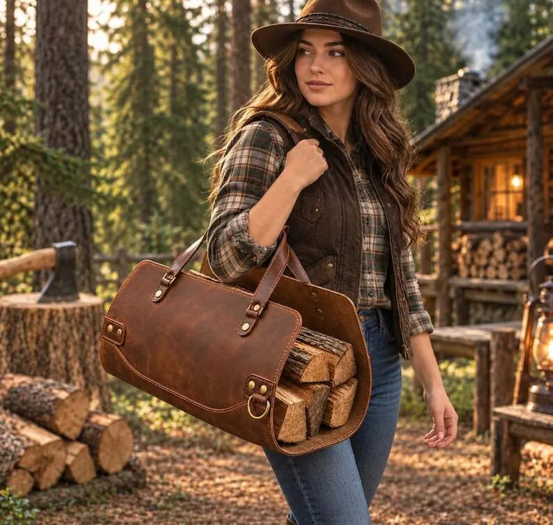 Premium Leather Firewood Carrier Bag – Heavy-Duty Log Tote Basket with Sturdy Handles & Metal Accents for Indoor Fireplace, Hearth, and Camping