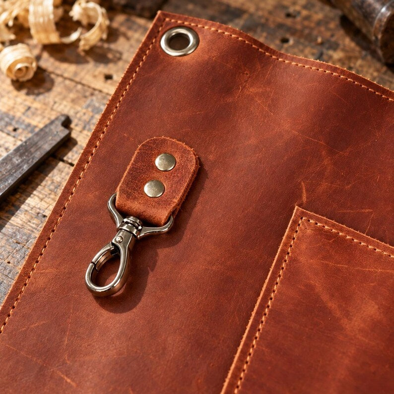 Handcrafted Full-Grain Leather Work Half-Apron with Adjustable Belt & Utility Pockets