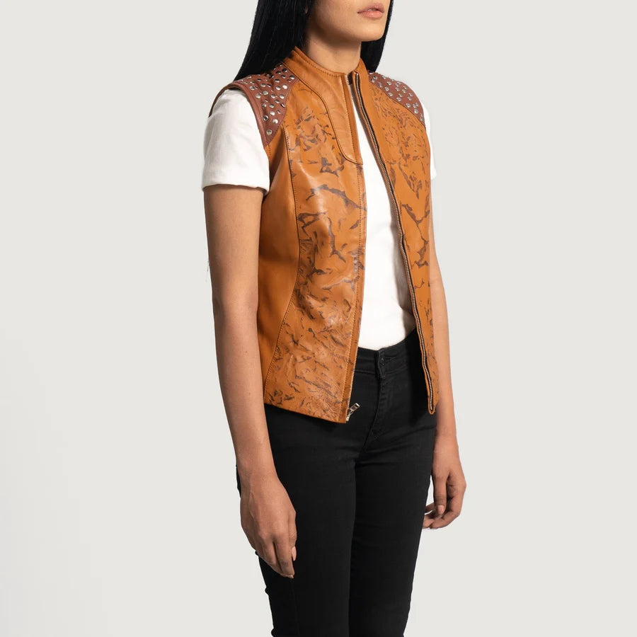 Women's Brown Printed Leather Vest with Studded Shoulders