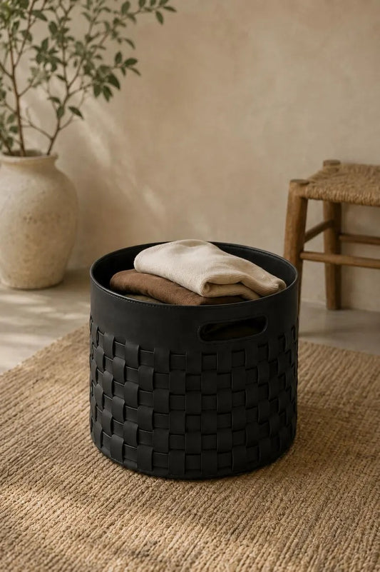 Black Woven Leather Storage Basket – Round Decorative Storage Bin with Cutout HandlesModern Black Woven Leather Laundry & Storage Bin | Minimalist Home Decor BasketPremium Woven Leather Storage Ottoman & Storage Basket – Black