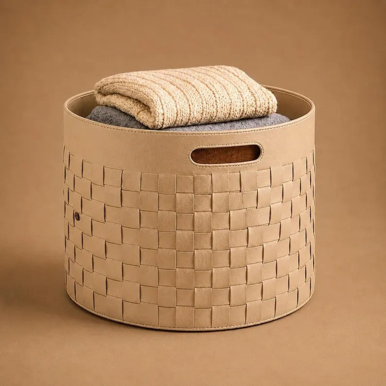 Woven Faux Leather Storage Basket with Cutout Handles