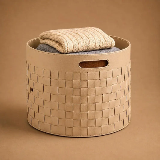 Woven Faux Leather Storage Basket with Cutout Handles