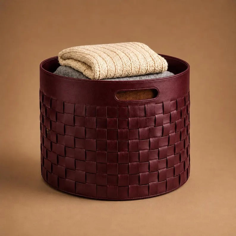 Woven Leather Storage Bin & Blanket Organizer
