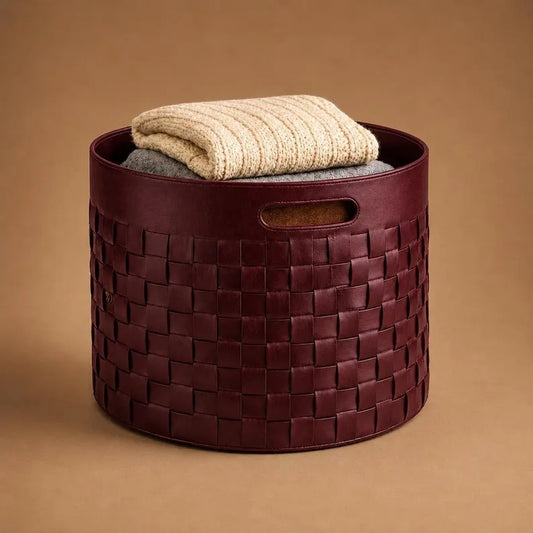 Woven Leather Storage Bin & Blanket Organizer