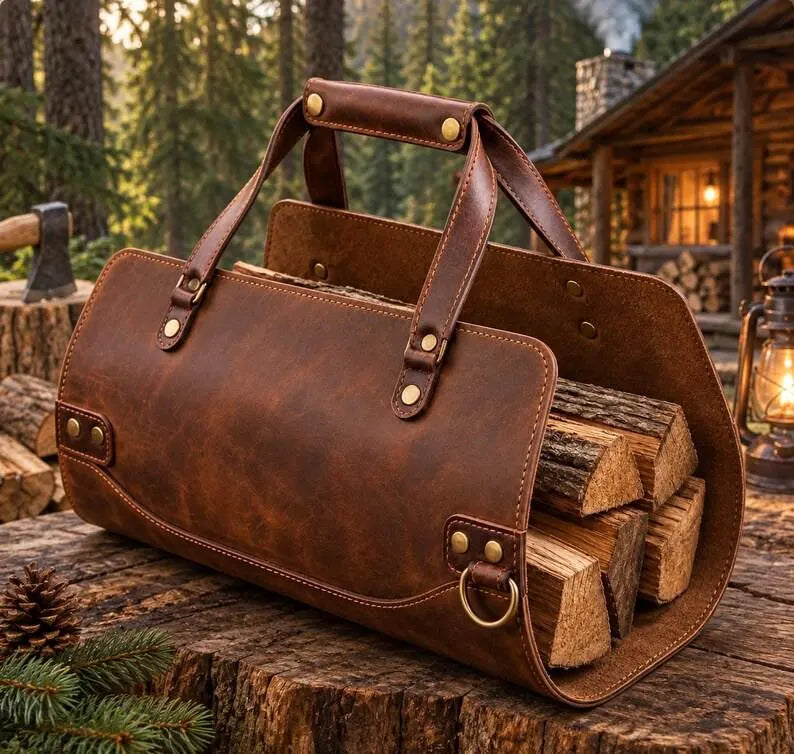 Premium Leather Firewood Carrier Bag – Heavy-Duty Log Tote Basket with Sturdy Handles & Metal Accents for Indoor Fireplace, Hearth, and Camping