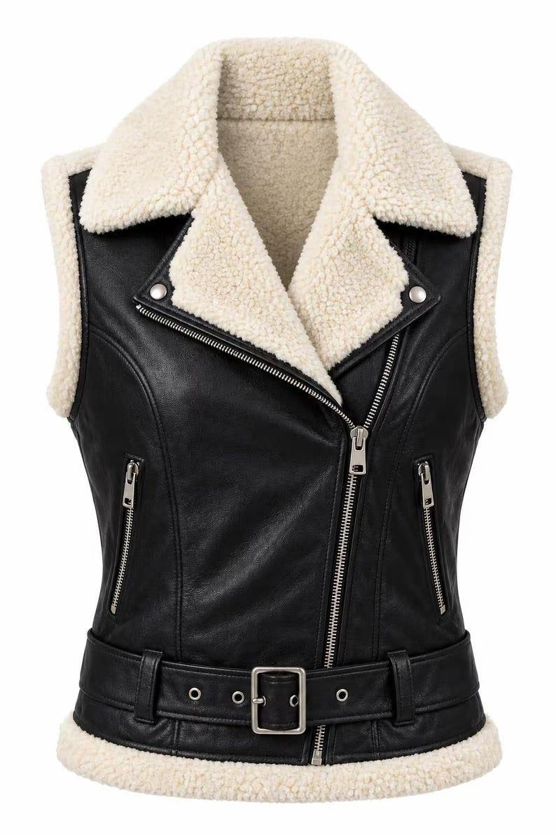 Women's Black Faux Leather & Sherpa-Trimmed Biker Vest with Belt