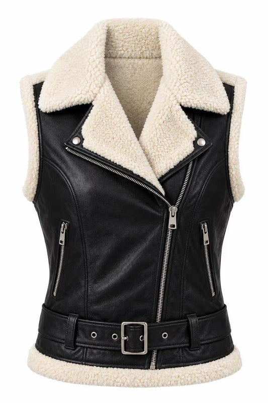 Women's Black Faux Leather & Sherpa-Trimmed Biker Vest with Belt