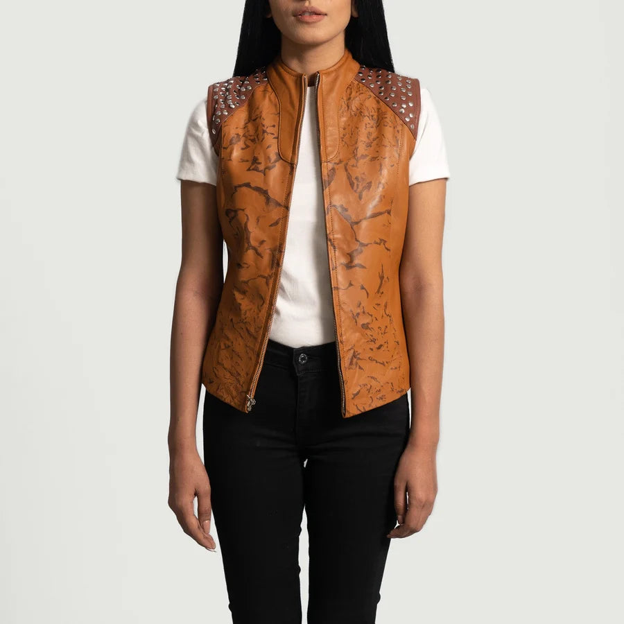 Women's Brown Printed Leather Vest with Studded Shoulders