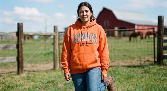 Country Farm Fashion: Woman in Orange Hoodie Outdoors