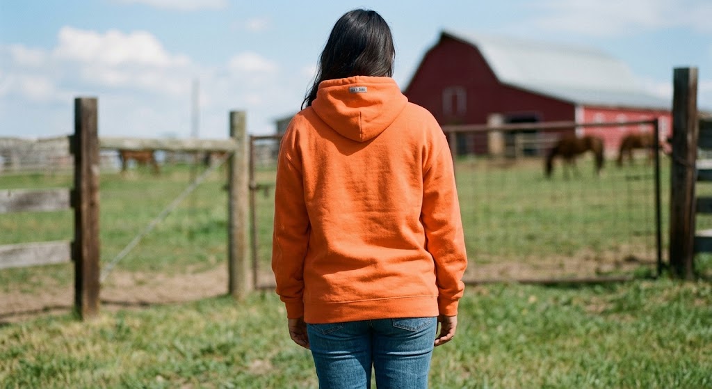 Country Farm Fashion: Woman in Orange Hoodie Outdoors