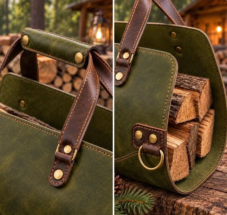 Premium Leather Firewood Carrier Bag – Heavy-Duty Log Tote Basket with Sturdy Handles & Metal Accents for Indoor Fireplace, Hearth, and Camping
