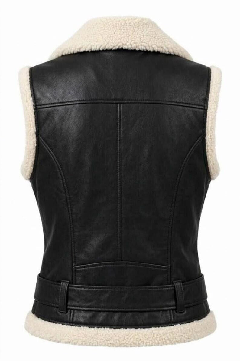 Women's Black Faux Leather & Sherpa-Trimmed Biker Vest with Belt