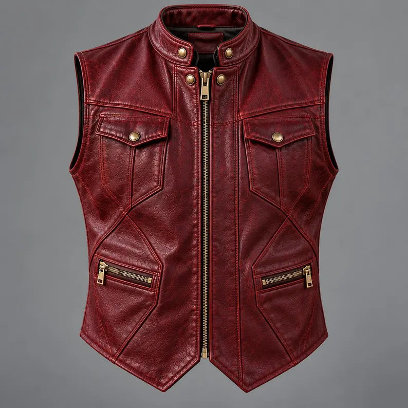 Men's Vintage Distressed Red Faux Leather Motorcycle Vest with Multi-Pockets  Classic Stand Collar Crimson Leather Biker Vest for Men  Men's Retro Western-Style Red Leather Waistcoat with Zipper and Snap Details