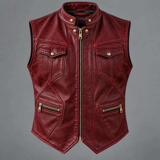 Men's Vintage Distressed Red Faux Leather Motorcycle Vest with Multi-Pockets  Classic Stand Collar Crimson Leather Biker Vest for Men  Men's Retro Western-Style Red Leather Waistcoat with Zipper and Snap Details