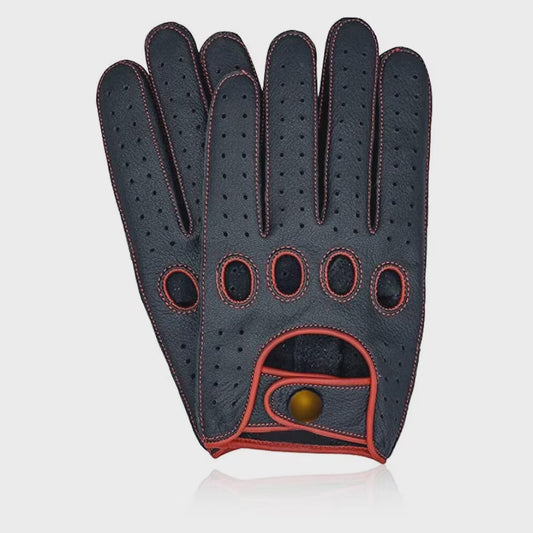Men's Premium Black Leather Car Driving Gloves with Touchscreen Compatibility and Breathable Pores