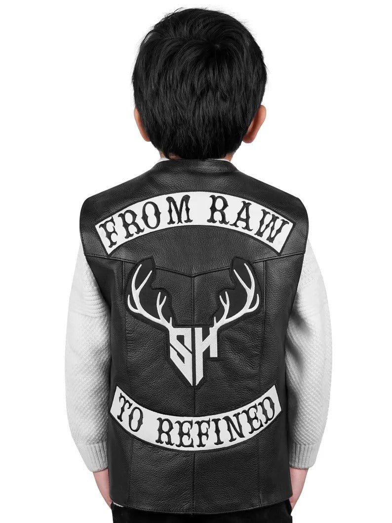 Kids Black Faux Leather Biker Vest with Custom Patches and Stag Hide Back Design