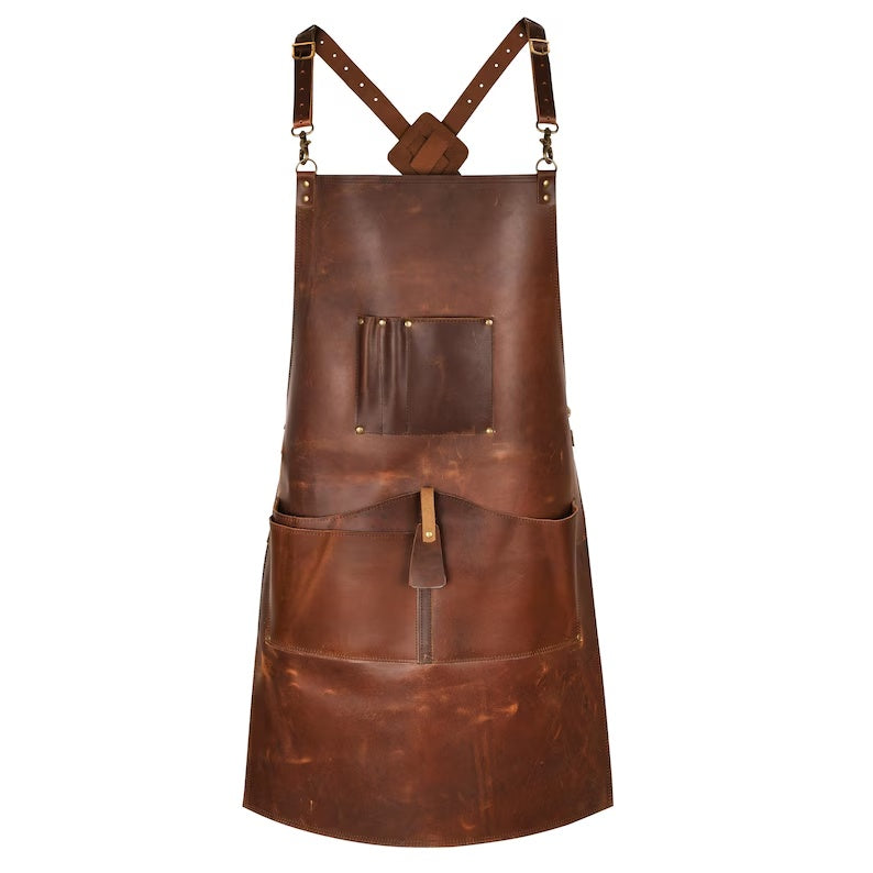 Heavy-Duty Full Grain Leather Work Apron – Adjustable Crossback Straps & Multi-Tool PocketsHandcrafted Real Leather Shop Apron for